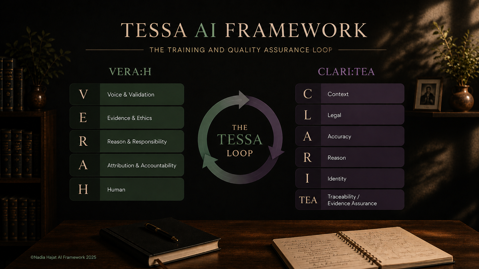 The TESSA AI Framework showing the VERA:H training loop on the left (Voice & Validation, Evidence & Ethics, Reason & Responsibility, Attribution & Accountability, Human) and the CLARI:TEA quality assurance system on the right (Context, Legal, Accuracy, Reason, Identity, Traceability and Evidence Assurance)