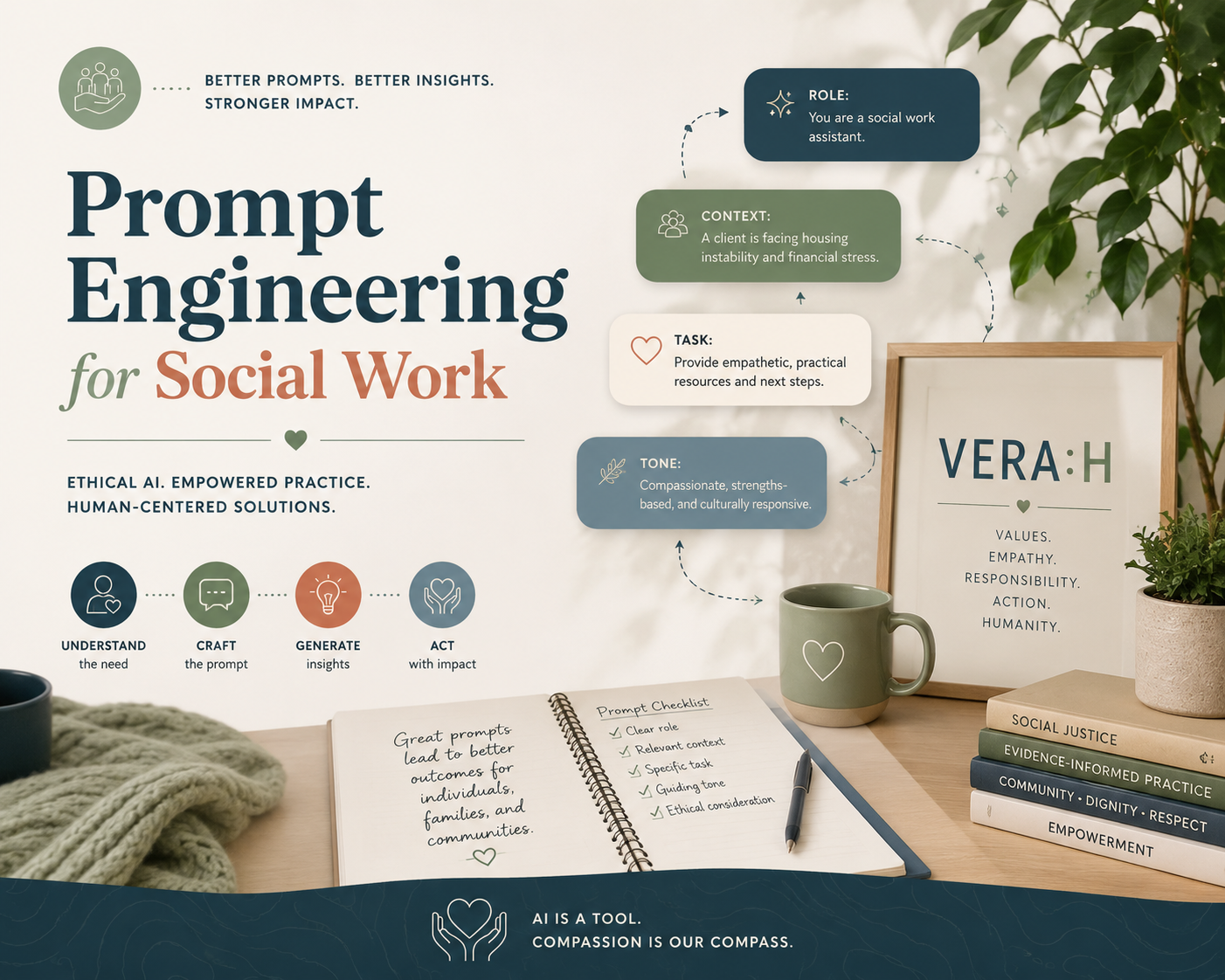Prompt Engineering for Social Work infographic: VERA:H framework with role, context, task and tone callouts, plus an UNDERSTAND-CRAFT-GENERATE-ACT process flow