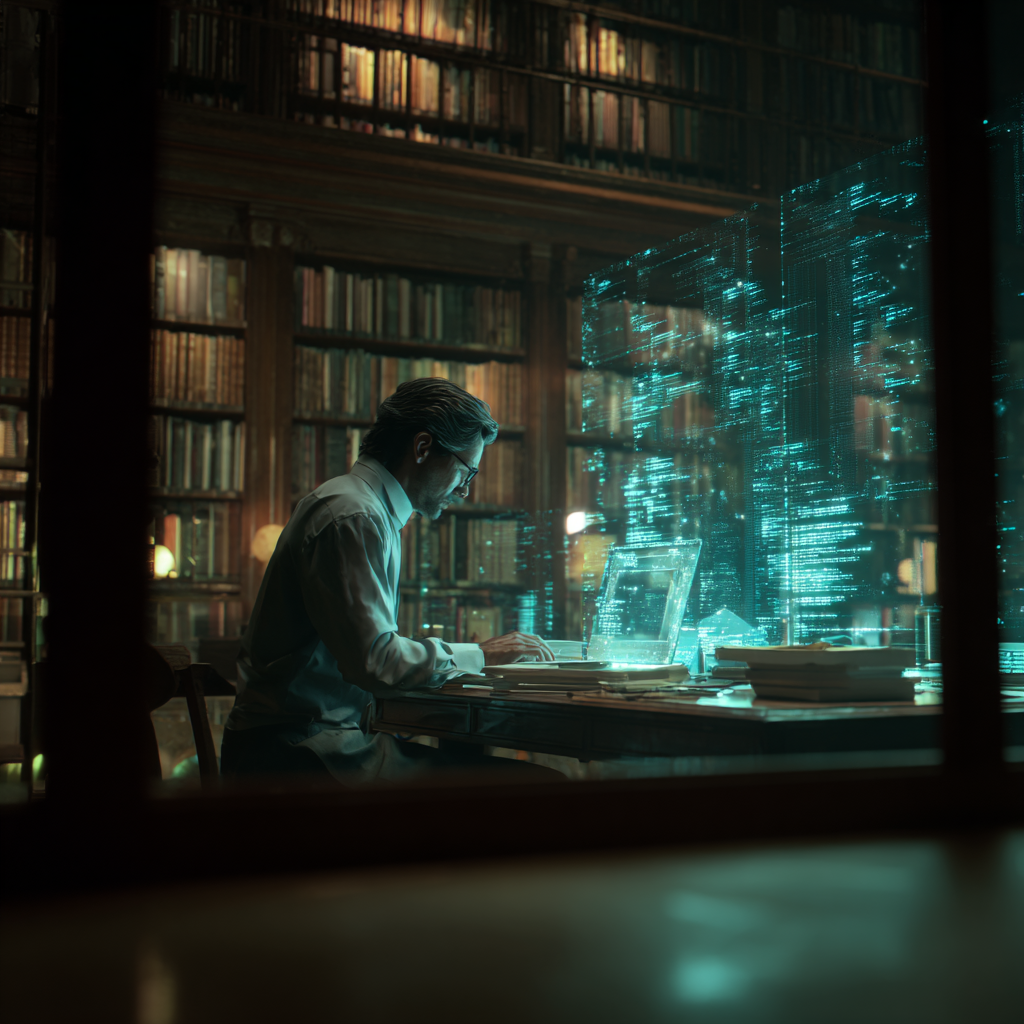 Professional using AI tools with holographic data displays