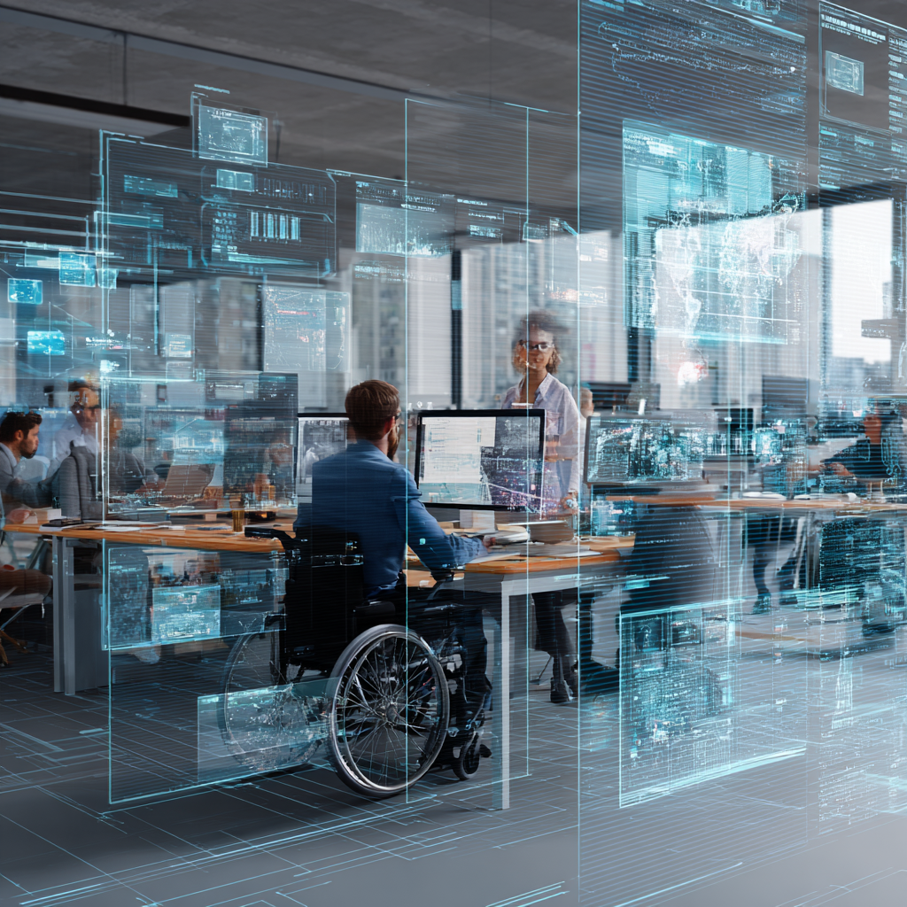 Digital screens displaying AI training modules and ethical frameworks