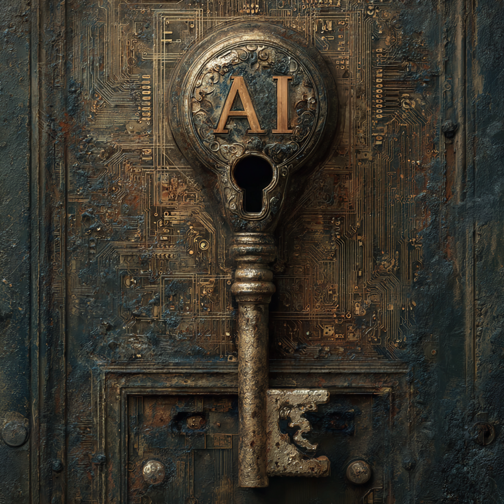 An ornate antique key engraved with AI, set against a dark circuit-board background, representing the question of who holds the keys to AI in social care