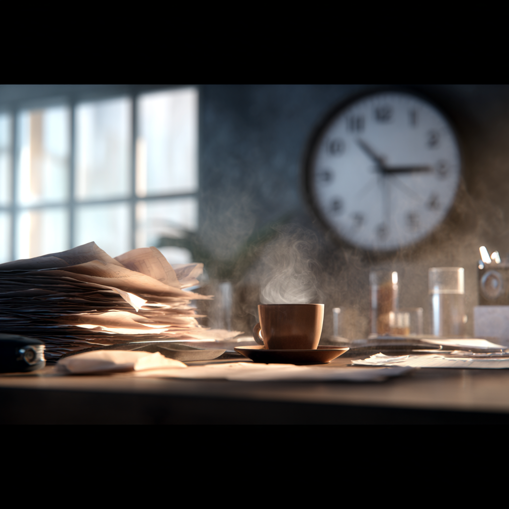 Desk with papers, coffee, and a clock, representing blog articles and FAQs