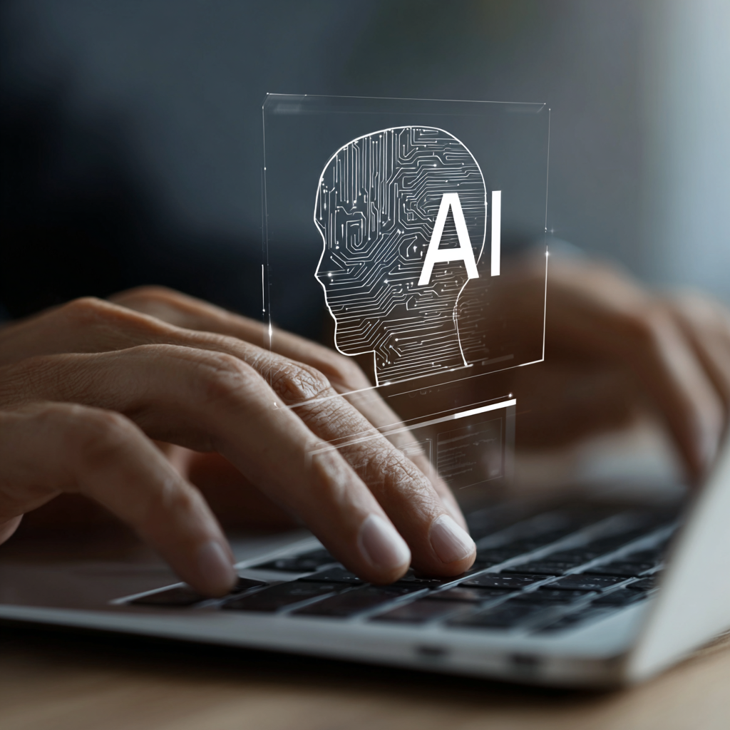 Hands typing on a laptop with an AI hologram above the keyboard