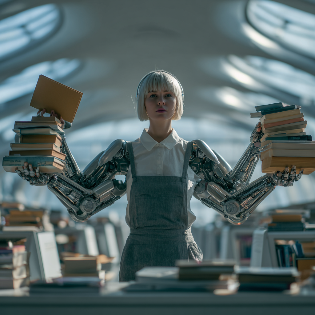 Robot woman holding books in a library, representing a reference glossary