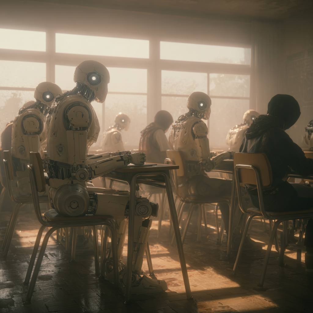 Robots sitting at classroom desks, representing beginner AI learning