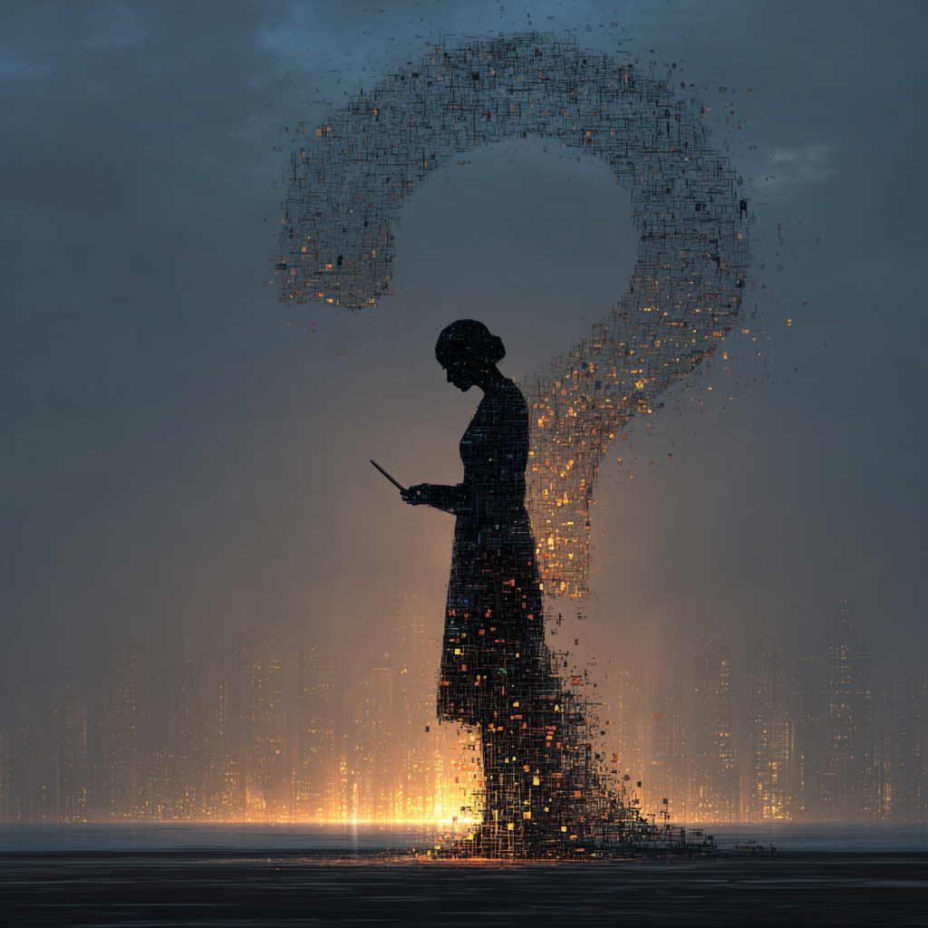 Woman surrounded by a digital question mark, representing a knowledge quiz